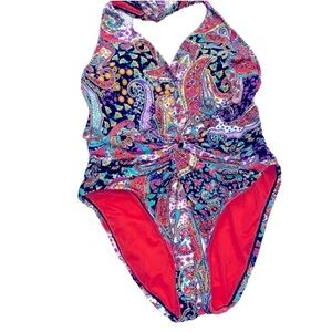 Kenneth Cole paisley floral one piece swim suit size large